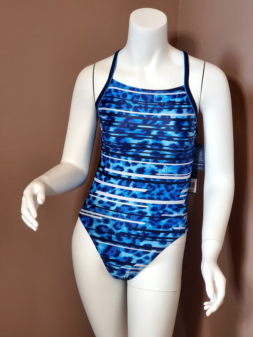 NWT SPEEDO Got You Race II Tech Blue Stripe Swimsuit 6, 32